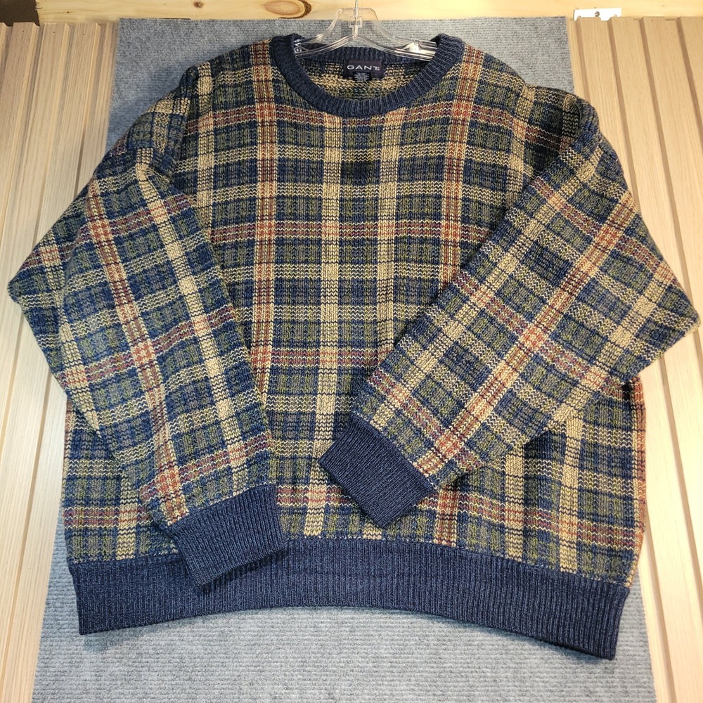 Gant Sweater Mens XL Blue Plaid Excellent Vintage 100% Cotton Crewneck Pullover - Picture 1 of 8